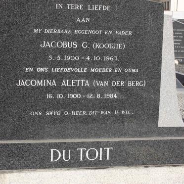 TOIT Jacobus G., du 1900-1967 &amp; Jacomina Aletta VAN DER BERG 1900-1984