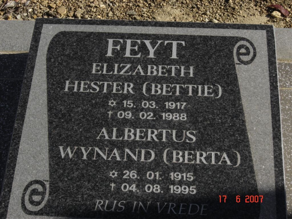 FEYT Albertus Wynand 1915-1995 &amp; Elizabeth Hester 1917-1988