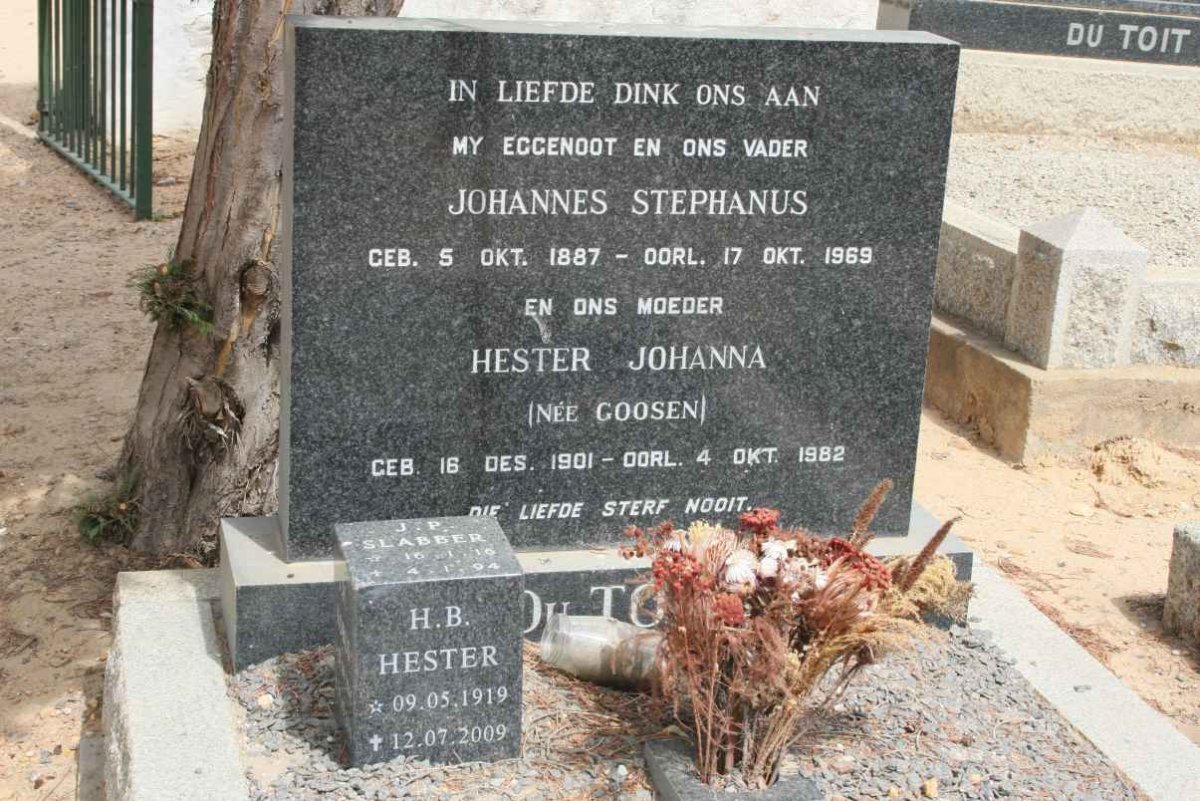 TOIT Johannes Stephanus, du 1887-1969 &amp; Hester Johanna GOOSEN 1901-1982 :: TOIT H.B., du 1919-2009 :: SLABBER J.P. 1919-1994