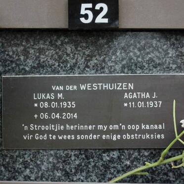 WESTHUIZEN Lukas M., van der 1935-2014 &amp; Agatha J. 1937-