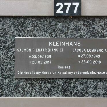 KLEINHANS Salmon Pienaar 1939-2017 &amp; Jacoba Lowrencia 1949-2018