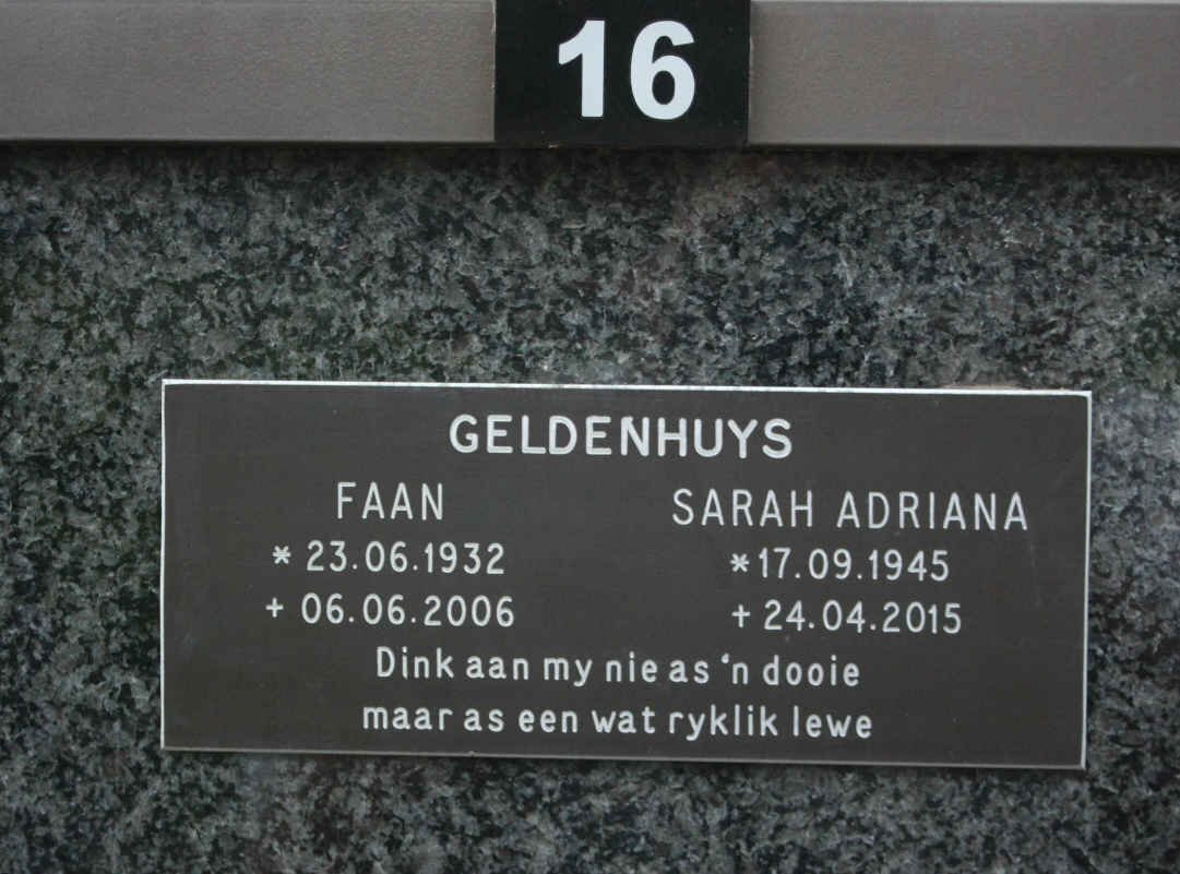GELDENHUYS Faan 1932-2006 &amp; Sarah Adriana 1945-2015