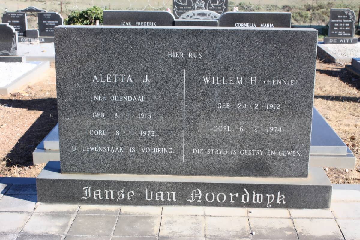 NOORDWYK Willem H., Janse van 1912-1974 &amp; Aletta J. ODENDAAL 1915-1973