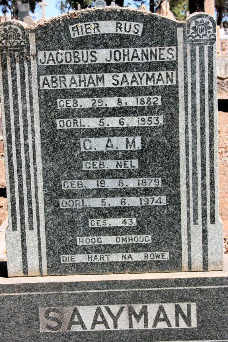 SAAYMAN Jacobus Johannes Abraham 1882-1953 &amp; G.A.M. NEL 1879-1974