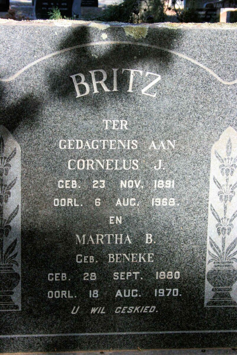 BRITZ Cornelus J. 1891-1968 &amp; Martha B. BENEKE 1880-1970