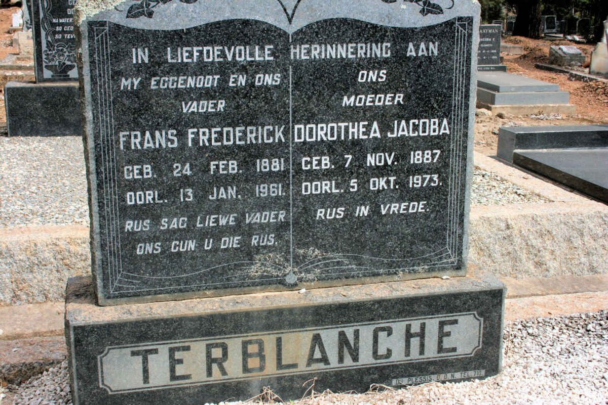 TERBLANCHE Frans Frederick 1881-1961 &amp; Dorothea Jacoba 1887-1973