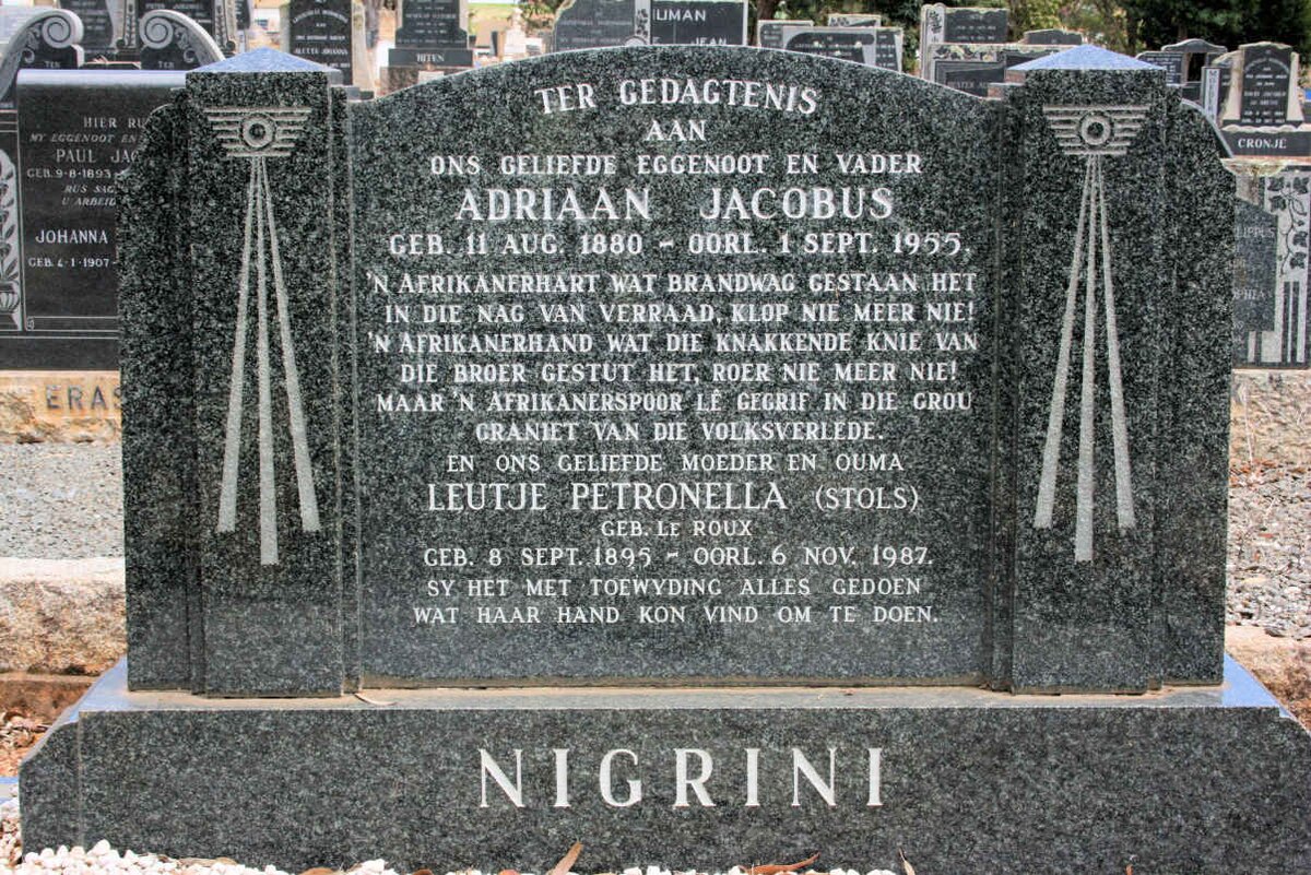 NIGRINI Adriaan Jacobus 1880-1955 &amp; Leutje Petronella LE ROUX formerly STOLS 1895-1987