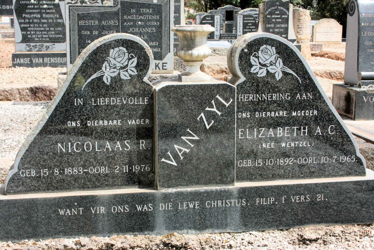ZYL Nicolaas R., van 1883-1976 &amp; Elizabeth A.C. WENTZEL 1892-1965