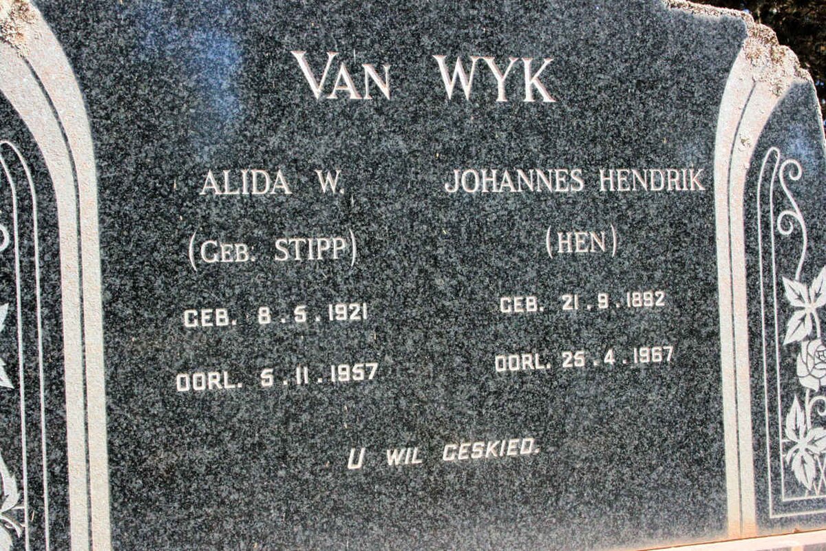 WYK Johannes Hendrik, van 1892-1967 &amp; Alida W. STIPP 1921-1957