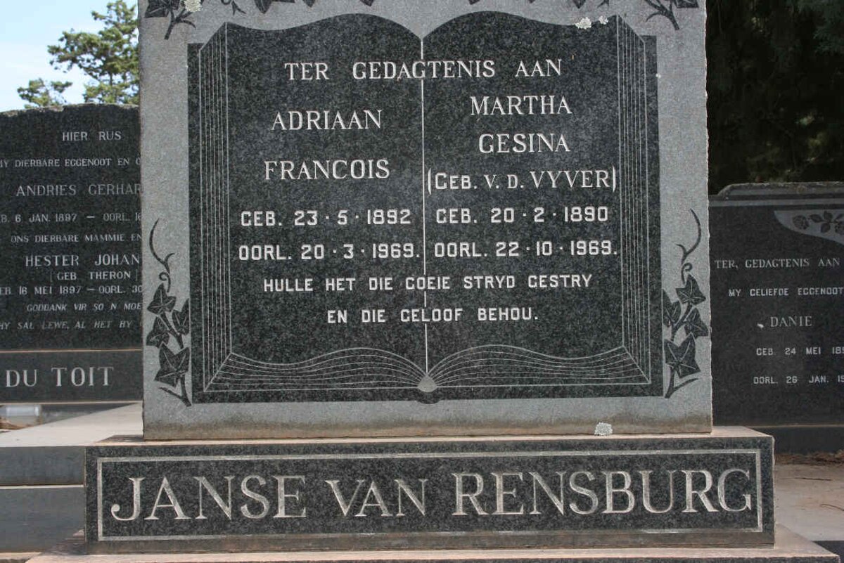 RENSBURG Adriaan Francois, Janse van 1892-1969 &amp; Martha Gesina VAN DER VYVER 1890-1969