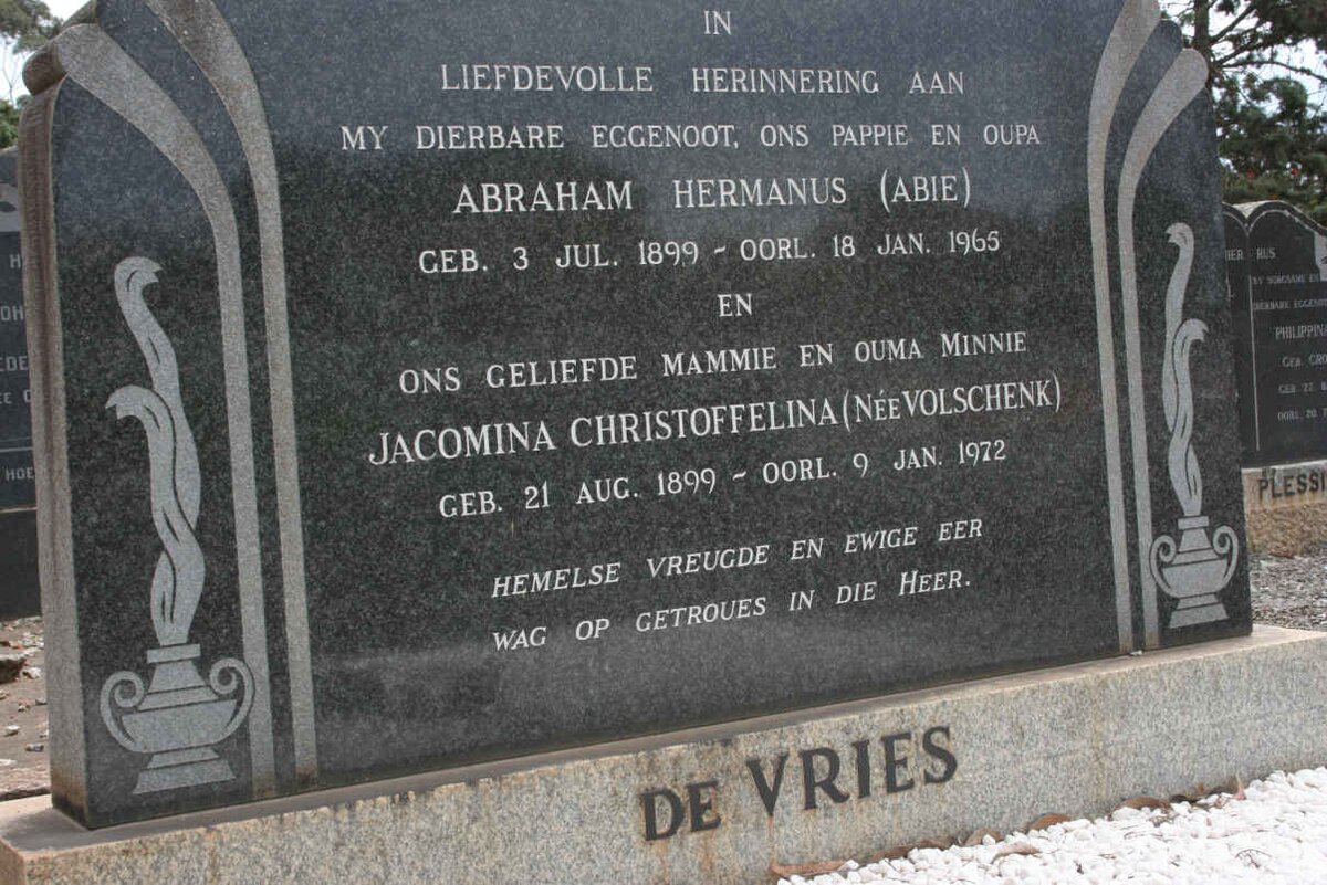 VRIES Abraham Hermanus, de 1899-1965 &amp; Jacomina Christoffelina VOLSCHENK 1899-1972