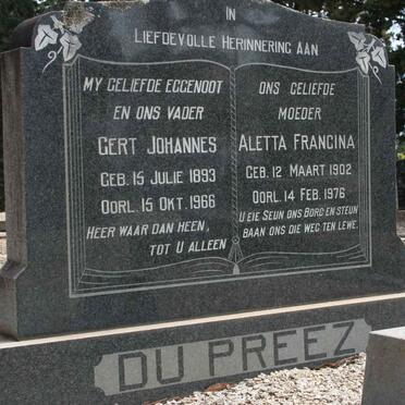 PREEZ Gert Johannes, du 1893-1966 &amp; Aletta Francina 1902-1976