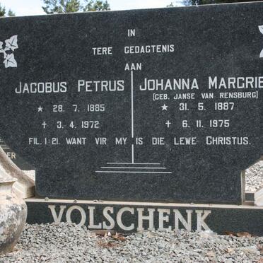 VOLSCHENK Jacobus Petrus 1885-1971 &amp; Jahanna Margrietha JANSE VAN RENSBURG 1887-1975