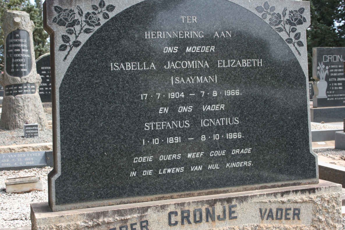 CRONJE Stefanus Ignatius 1891-1966 &amp; Isabella Jacomina Elizabeth SAAYMAN 1904-1966
