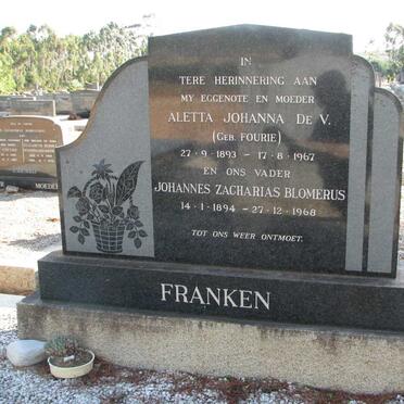 FRANKEN Johannes Zacharias Blomerus 1894-1968 &amp; Aletta Johanna De V. nee FOURIE 1893-1967