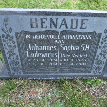 BENADE Johannes Lodewicus 1924-1994 &amp; Sophia S.H. VENTER 1926-2007