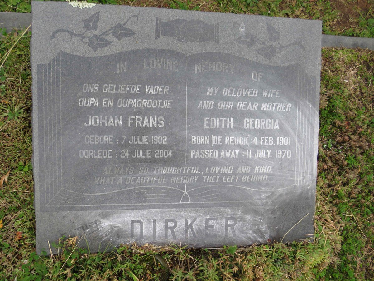 DIRKER Johan Frans 1902-2004 &amp; Edith Georgia DE REUCK 1901-1970