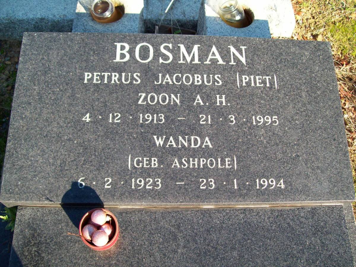 BOSMAN Petrus Jacobus 1913-1995 &amp; Wanda ASHPOLE 1923-1994