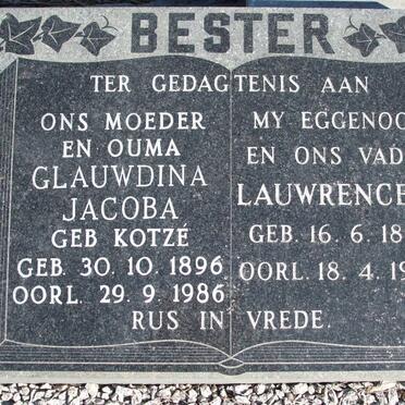 BESTER Lauwrence J. 1892-1954 &amp; Glauwdina Jacoba KOTZE 1896-1986