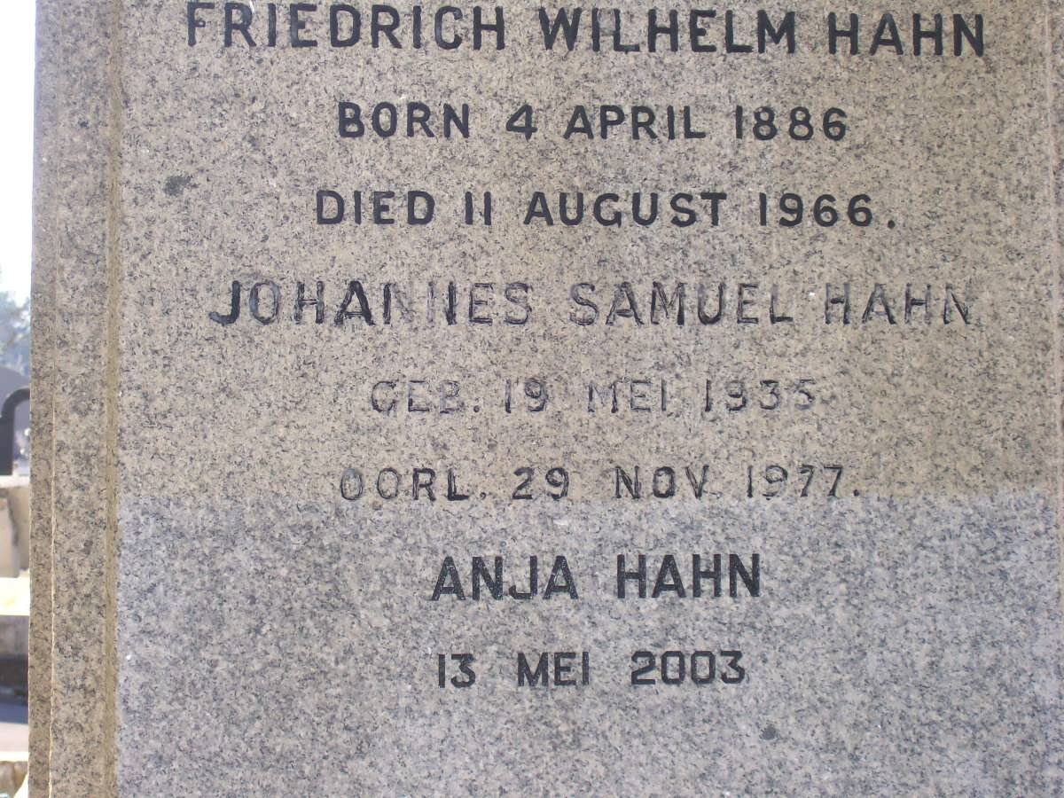 HAHN Friedrich Wilhelm 1886-1966 :: HAHN Johannes Samuel 1935-1977 :: HAHN Anja -2003