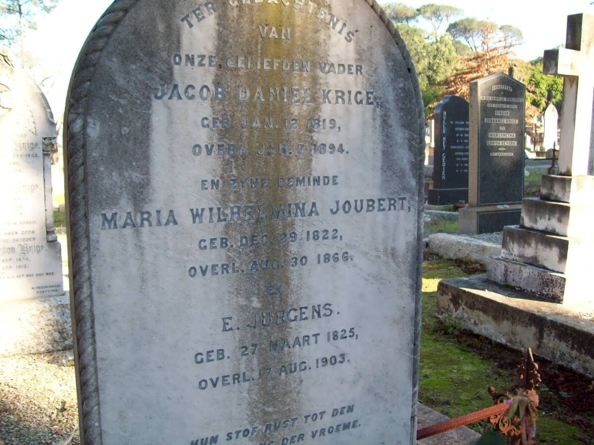 KRIGE Jacob Daniel 1819-1894 :: JOUBERT Maria Wilhelmina  1822-1866  :: JURGENS E. 1825-1903