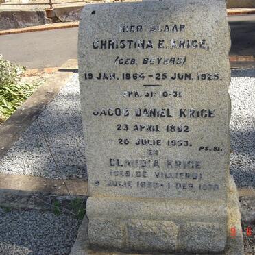 KRIGE Christina E. nee BEYERS 1864-1925 :: KRIGE Jacob Daniel 18?2-1953 :: KRIGE Claudia nee DE VILLIERS 189?-1978
