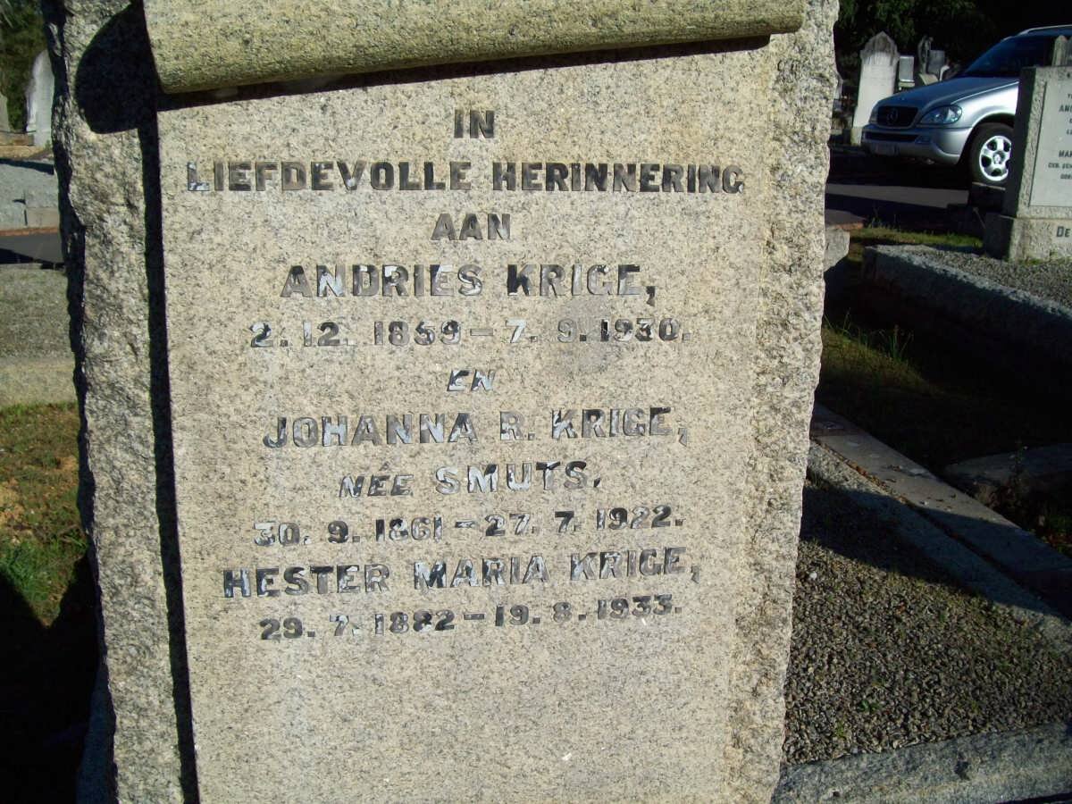 KRIGE Andries 1859-1930 &amp; Johanna R. SMUTS 1861-1922 :: KRIGE Hester Maria 1882-1933