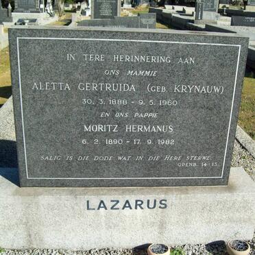 LAZARUS Moritz Hermanus 1890-1982 &amp; Aletta Gertuida KRYNAUW 1888-1960