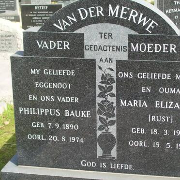 MERWE Philippus Bauke, van der 1890-1974 &amp; Maria Elizabeth RUST 1905-1996