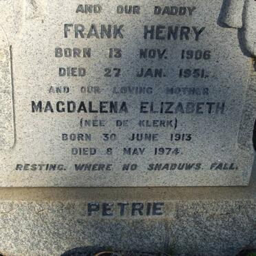 PETRIE Frank Henry 1906-1951 &amp; Magdalena Elizabeth DE KLERK 1913-1974