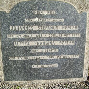 PEPLER Johannes Stefanus 1858-1936 &amp; Aletta Fransina SIEBRITS 1862-1930