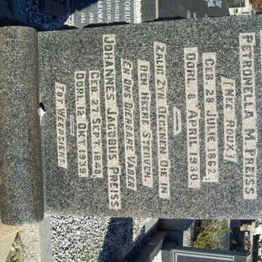 PREISS Johannes Jacobus 1848-1939 &amp; Petronella M. ROUX 1962-1930