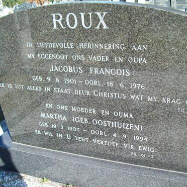 ROUX Jacobus Francois 1901-1976 &amp; Martha OOSTHUIZEN 1907-1994