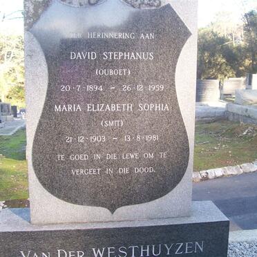 WESTHUIZEN David Stephanus, van der 1894-1959 &amp; Maria Elizabeth Sophia SMIT 1903-1981