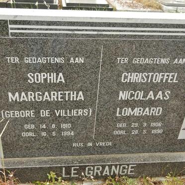 GRANGE Christoffel Nicolaas Lombard, le 1906-1990 &amp; Sophia Margaretha DE VILLIERS 1910-1994