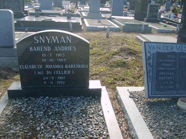 SNYMAN Barend Andries 1903-1985 &amp; Elizabeth Johanna Barendina DU CELLIER 1907-1992