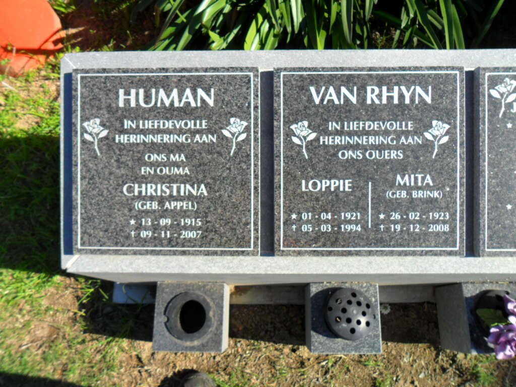 HUMAN Christina nee APPEL 1915-2007 :: RHYN Loppie, van 1921-1994 &amp; Mita BRINK 1923-2008