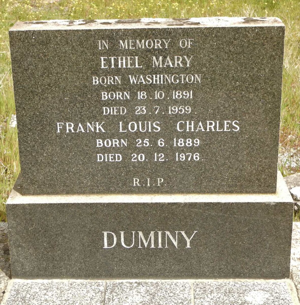 DUMINY Frank Louis Charles 1889-1976 &amp; Ethel Mary WASHINGTON 1891-1959
