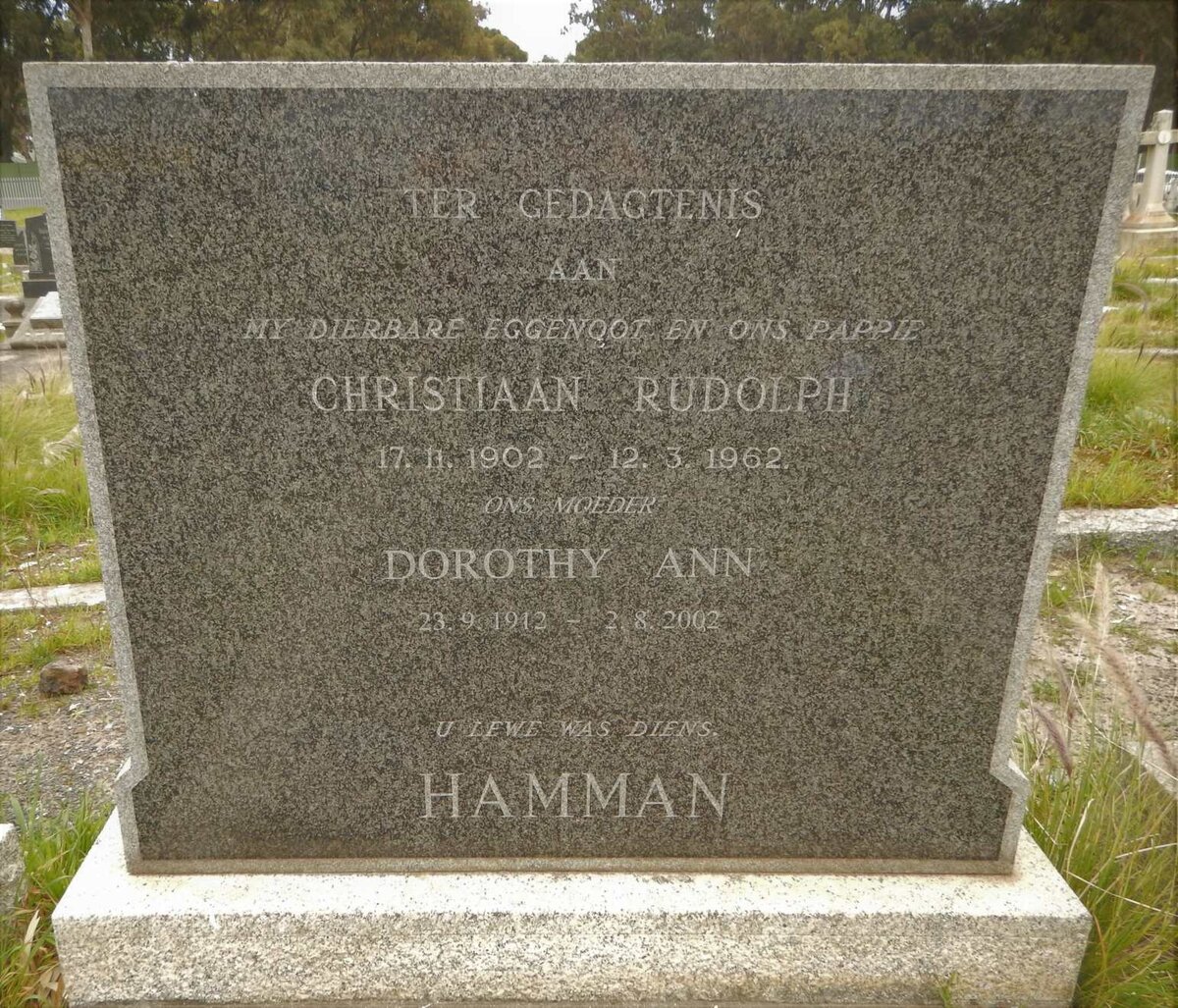 HAMMAN Christiaan Rudolph 1902-1962 &amp; Dorothy Ann 1912-2002