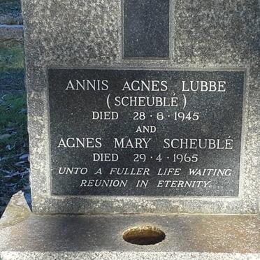 LUBBE Annis Agnes nee SCHEUBLE -1945 :: SCHEUBLE Agnes Mary -1965