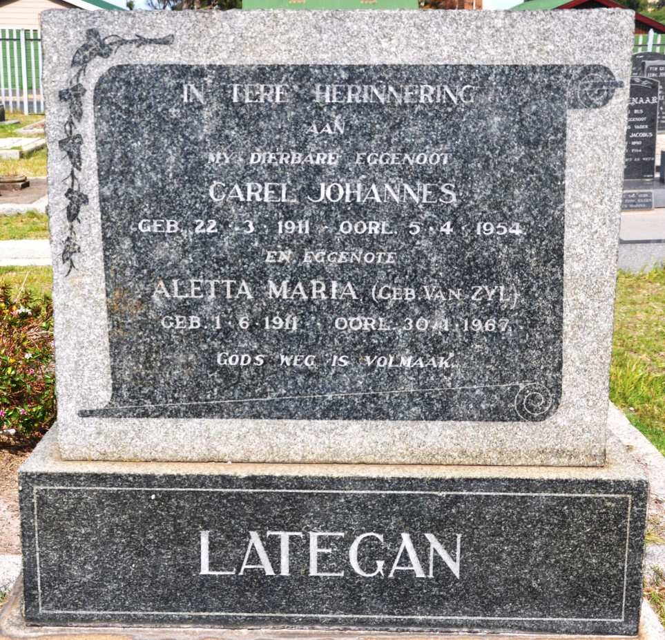 LATEGAN Carel Johannes 1911-1954 &amp; Aletta Maria VAN ZYL 1911-1967