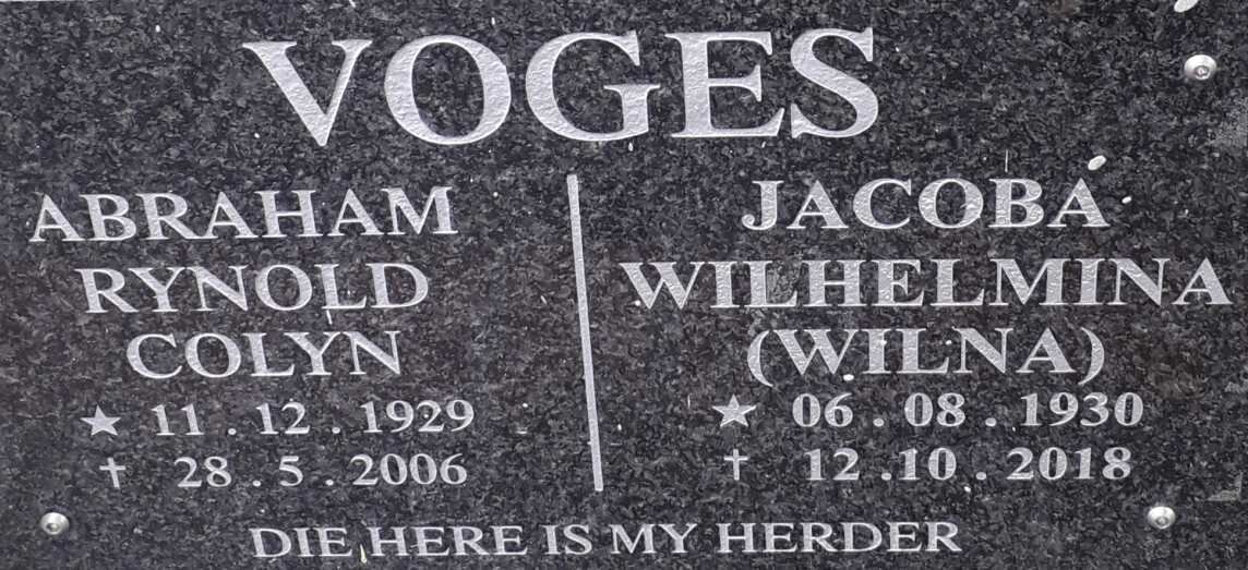 VOGES Abraham Rynold Colyn 1929-2006 &amp; Jacobs Wilhelmina 1930-2018