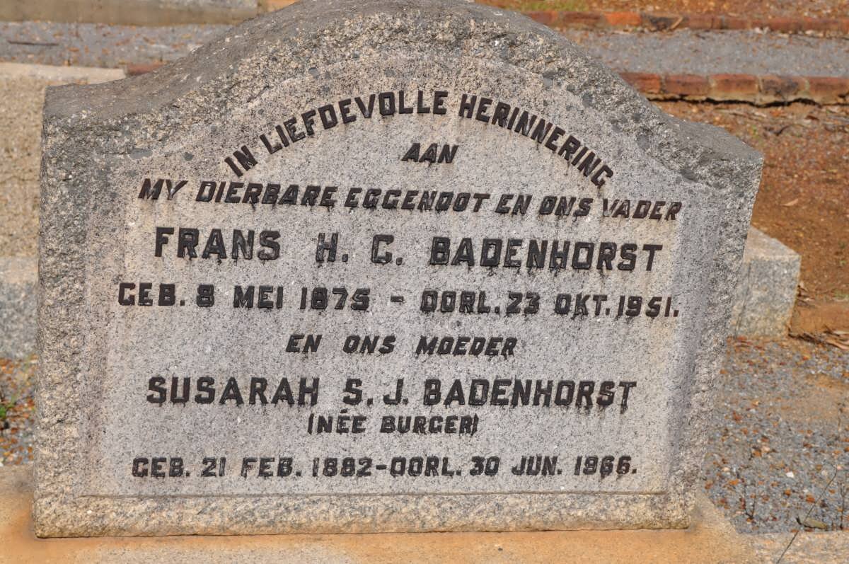 BADENHORST Frans H.G. 1875-1951 &amp; Susarah S.J. BURGER 1882-1966