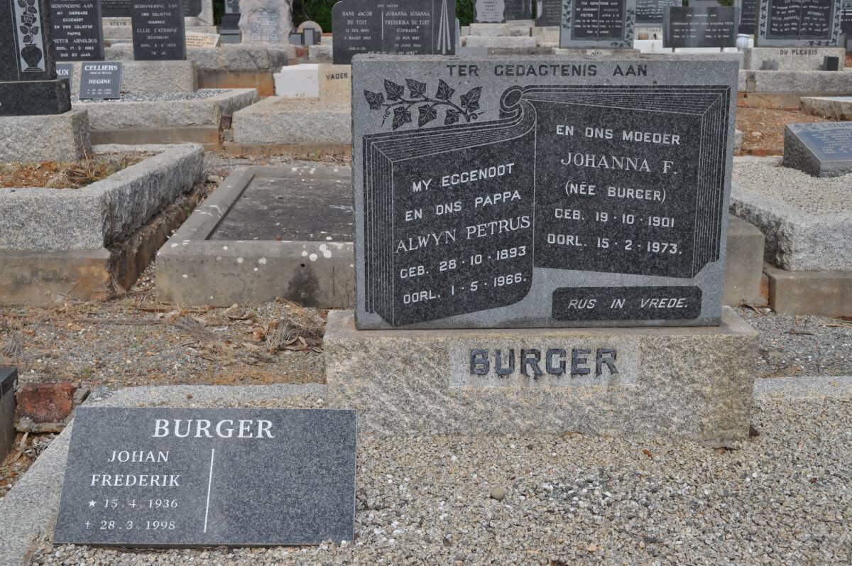 BURGER Alwyn Petrus 1893-1966 &amp; Johanna F. BURGER 1901-1973 :: BURGER Johan Frederik 1936-1998