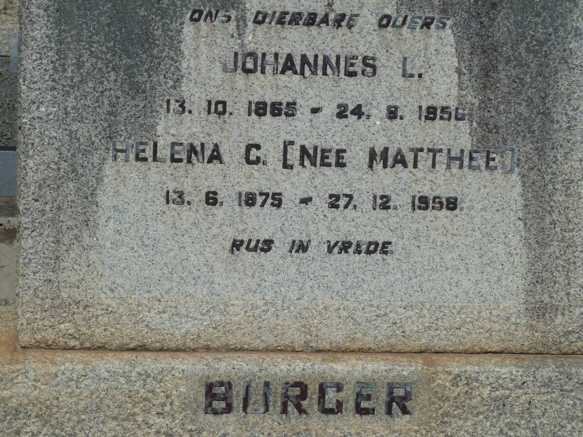 BURGER Johannes L. 1865-1956 &amp; Helena C. MATTHEE 1875-1958