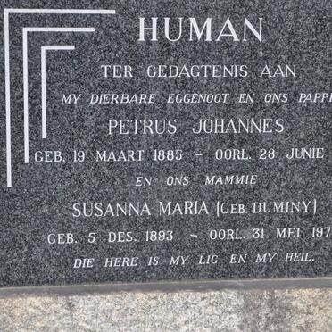 HUMAN Petrus Johannes 1885-1964 &amp; Susanna Maria DUMINY 1893-1976