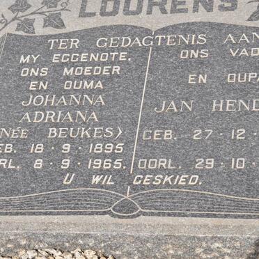 LOURENS Jan Hendrik 1895-1983 &amp; Johanna Adriana BEUKES 1895-1965