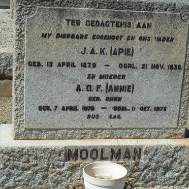 MOOLMAN J.A.K. 1879-1936 &amp; A.O.F DUNN 1878-1976