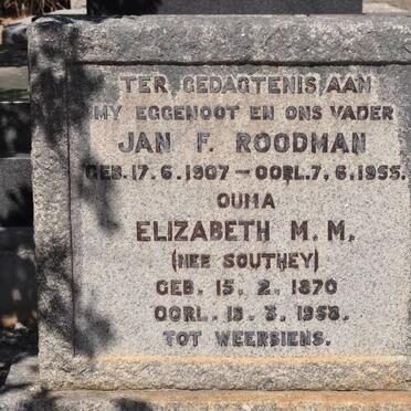 ROODMAN Jan F. 1907-1955 &amp; Elizabeth M.M. SOUTHEY 1870-1958