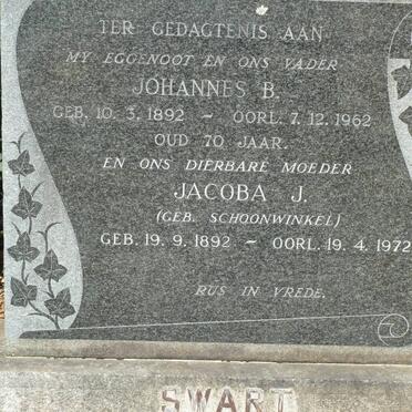 SWART Johannes B. 1892-1962 &amp; Jacoba J. SCHOONWINKEL 1892-1972